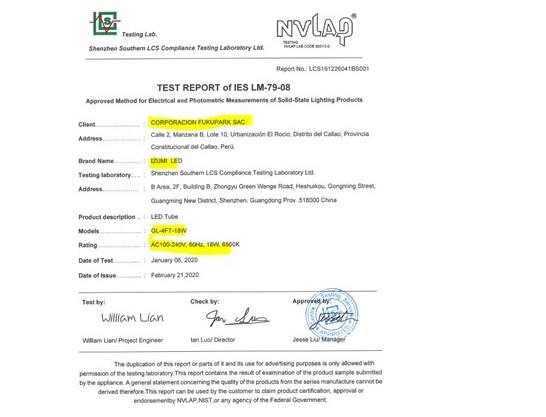 Luminaria Led test report